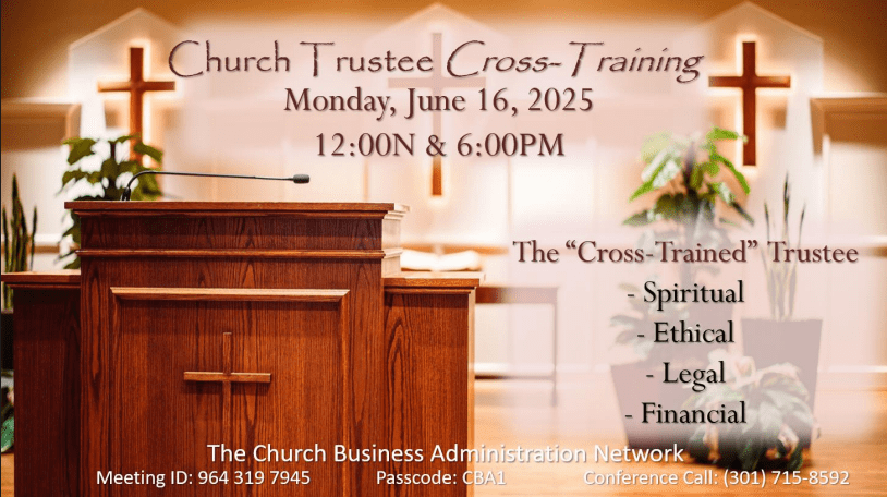 Church trustee cross-training event announcement.
