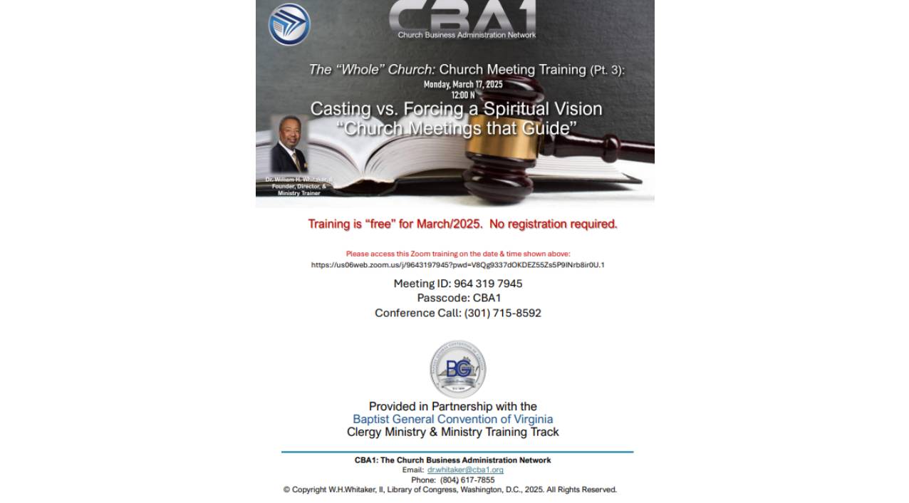 Church meeting training event information flyer.