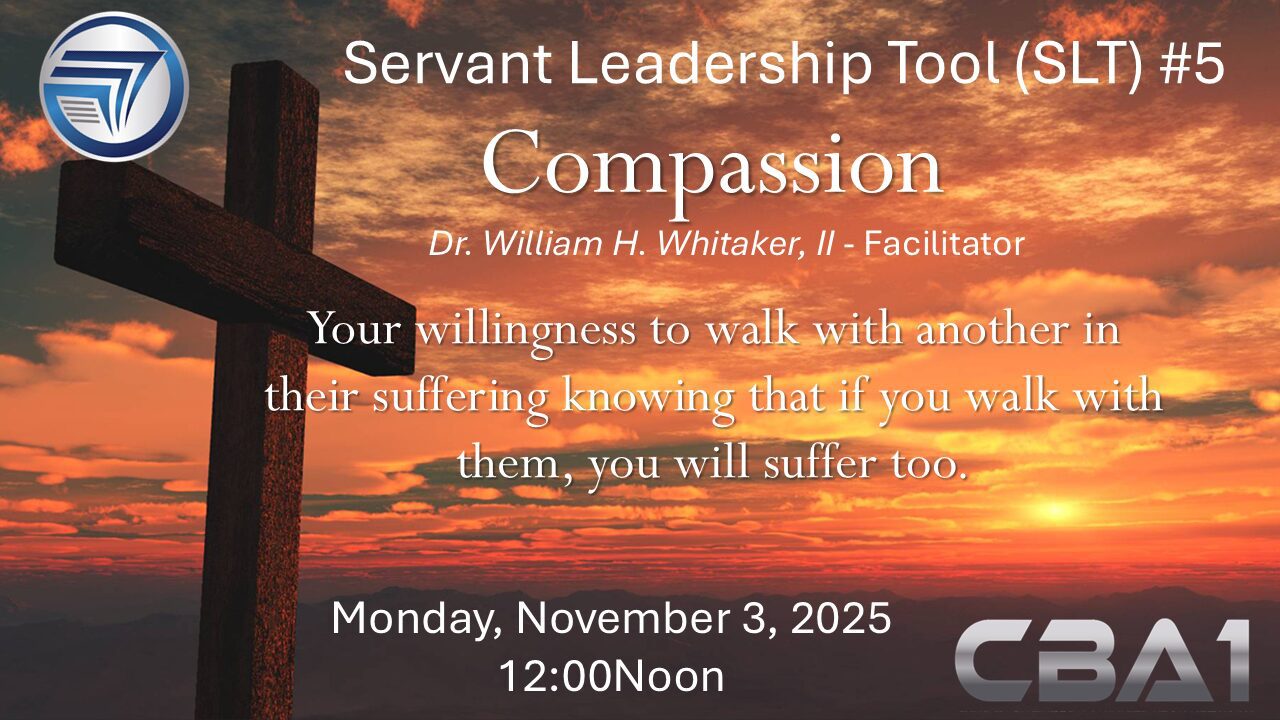 Cross at sunset with leadership event details.