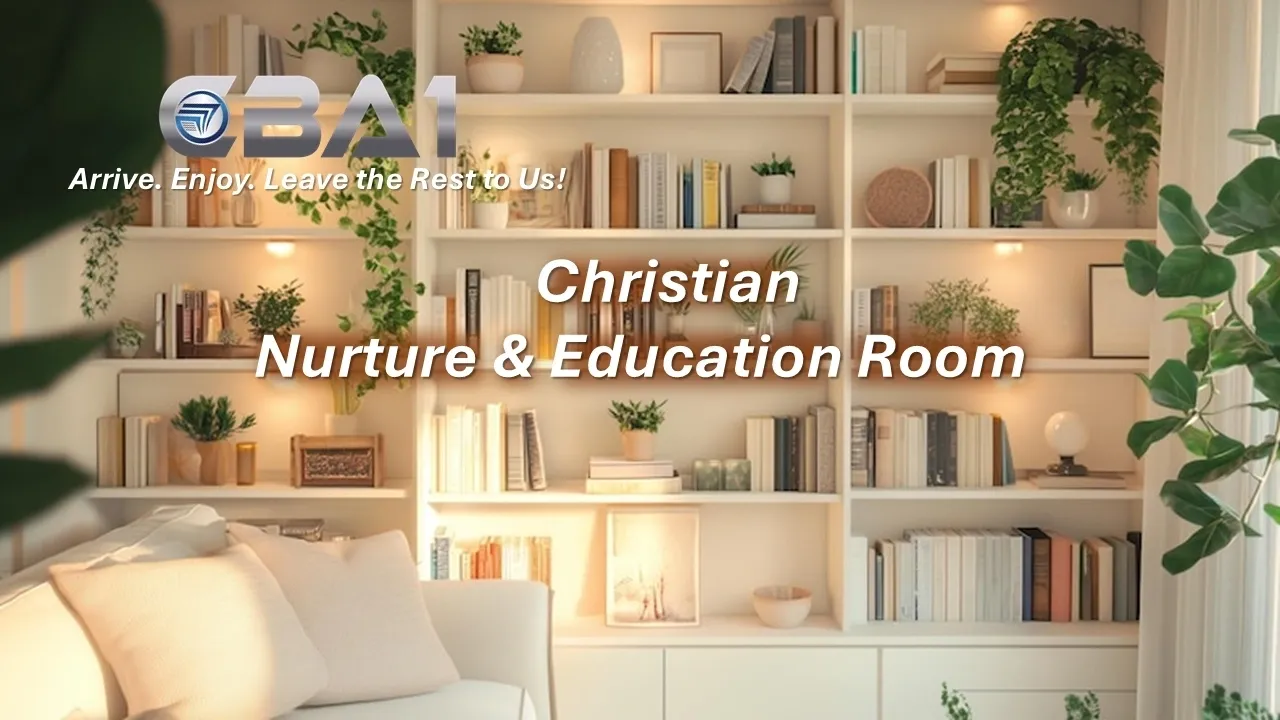 Cozy room with bookshelves and plants.