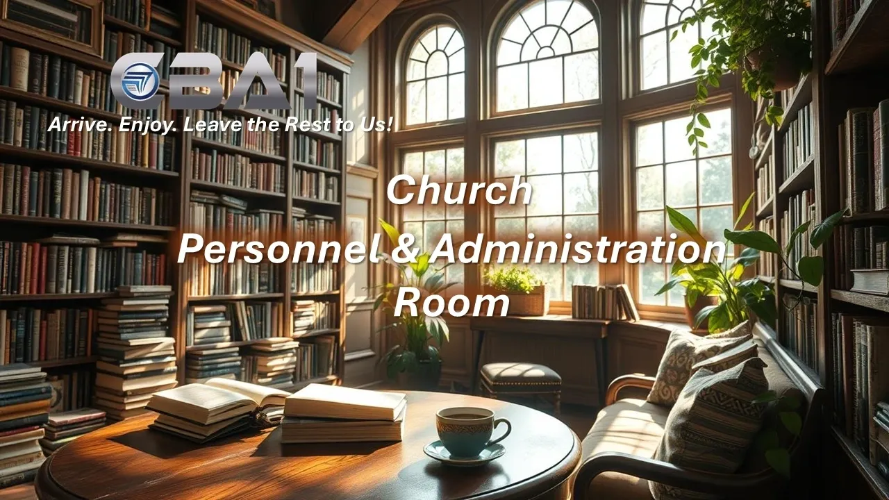 Cozy library with large windows and books.