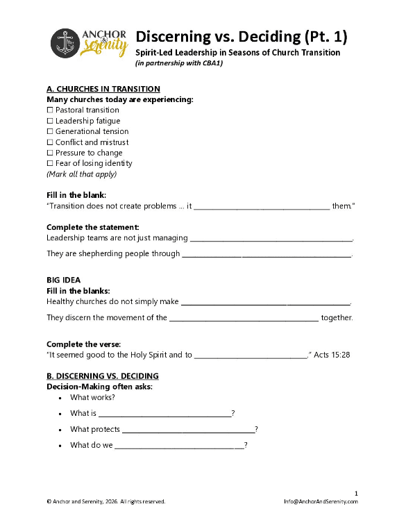 Church leadership transition worksheet page.
